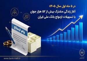 در ۵ ماه اول سال ۱۴۰۵؛ آغاز زندگی مشترک بیش از ۵۲ هزار جوان با تسهیلات ازدواج بانک ملی ایران